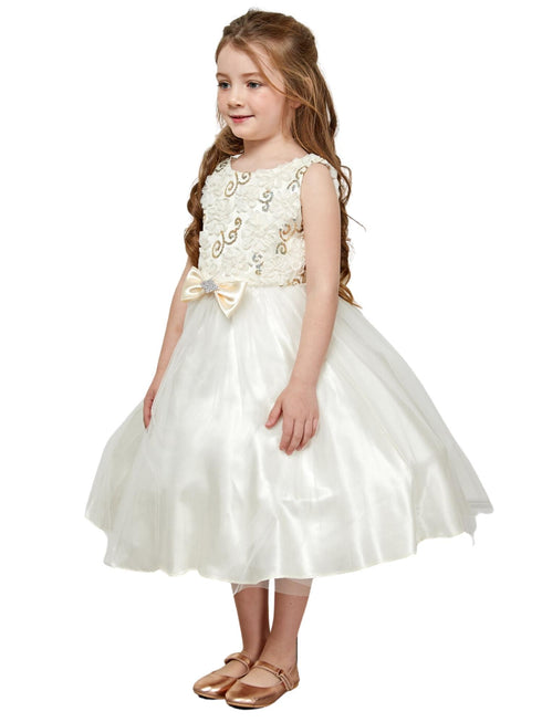 Petite Adele Girls Ivory 3D Flower Bodice Tulle Dress with Satin Bow, Sizes 2-12 - SophiasStyle.com