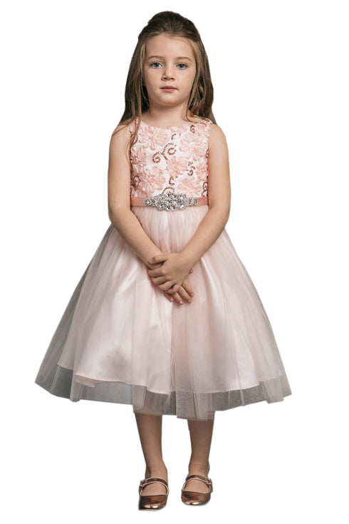 Petite Adele Big Girls Blush 3D Floral Beaded Belt Junior Bridesmaid Dress 8-12 - SophiasStyle.com