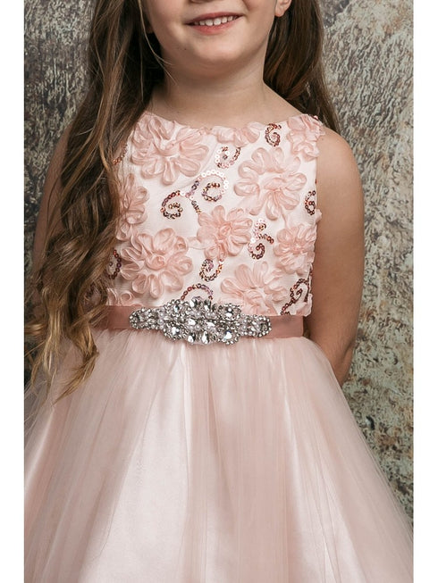 Petite Adele Big Girls Blush 3D Floral Beaded Belt Junior Bridesmaid Dress 8-12 - SophiasStyle.com