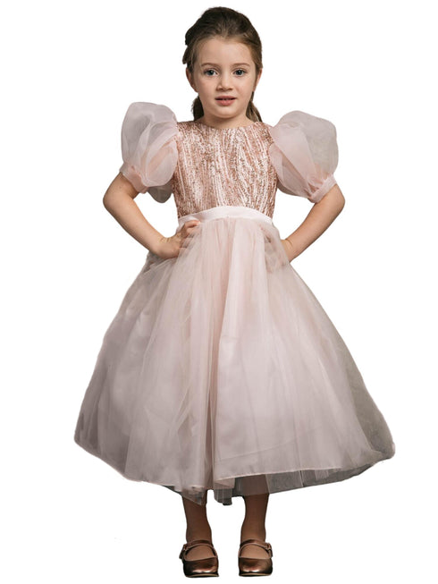 Petite Adele Girls Blush Bubble Sleeve Sequin Bodice Organza Dress, Sizes 2-12 - SophiasStyle.com