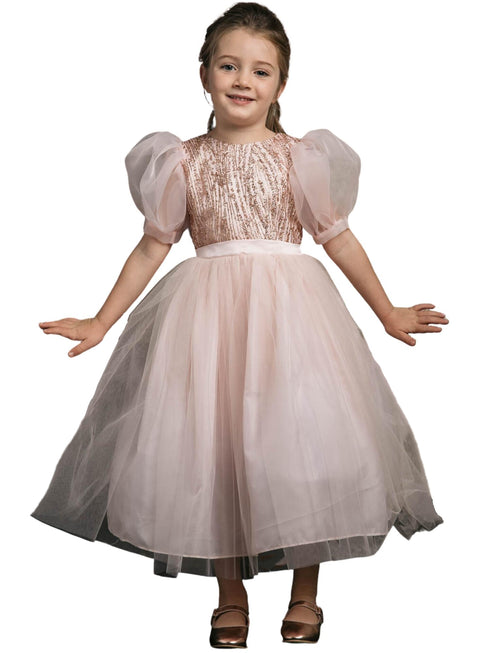 Petite Adele Girls Blush Bubble Sleeve Sequin Bodice Organza Dress, Sizes 2-12 - SophiasStyle.com