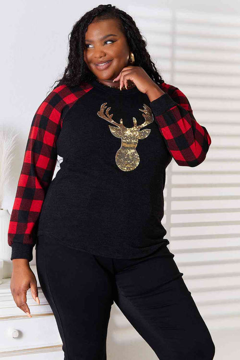 Full Size Sequin Reindeer Graphic Plaid Top