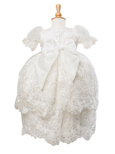 Rain Kids Baby Girls Ivory Puff Sleeve Headband 3 Pc Baptism Gown Set 6-12M - SophiasStyle.com