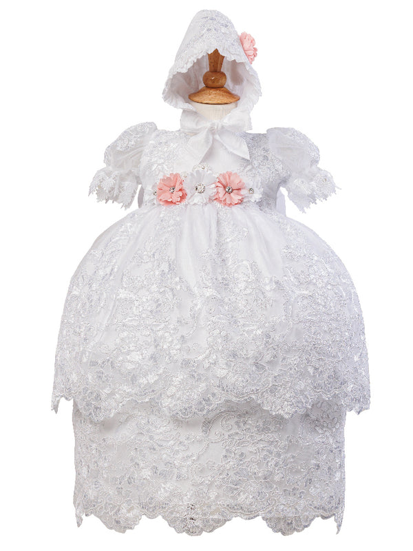 Rain Kids Baby Girls White Puff Sleeve Bonnet 3 Pc Baptism Gown Set 6-12M - SophiasStyle.com