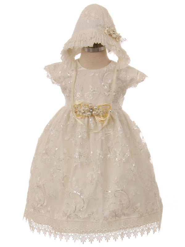 Rainkids Baby Girls Ivory Floral Embroidered Bonnet Baptism Gown 6-12M - SophiasStyle.com