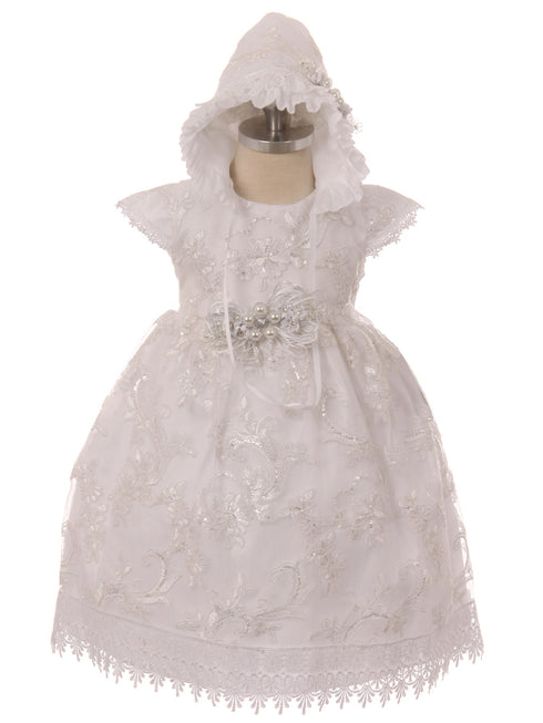 Rainkids Baby Girls White Floral Embroidered Bonnet Baptism Gown 6-12M - SophiasStyle.com