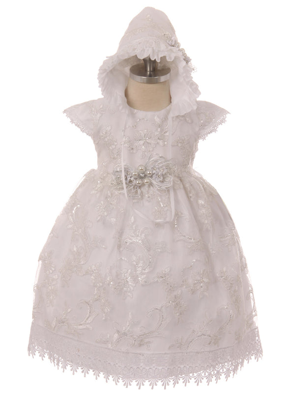 Rainkids Little Girls White Floral Embroidered Bonnet Baptism Gown 2-3 - SophiasStyle.com