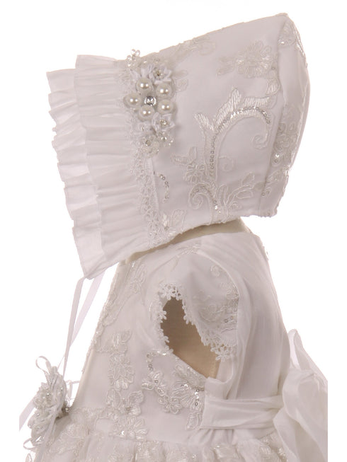 Rainkids Little Girls White Floral Embroidered Bonnet Baptism Gown 2-3 - SophiasStyle.com