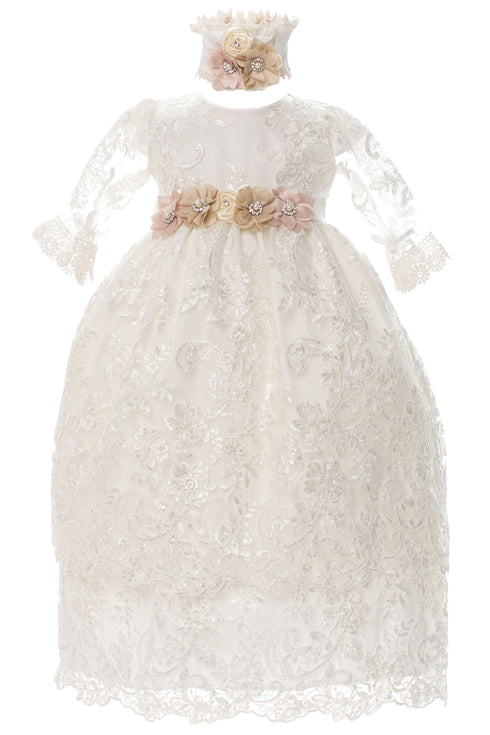 Rain Kids Baby Girls Multi Color 2 Pcs Flower Lace Headband Baptism Dress 3M-3T - SophiasStyle.com