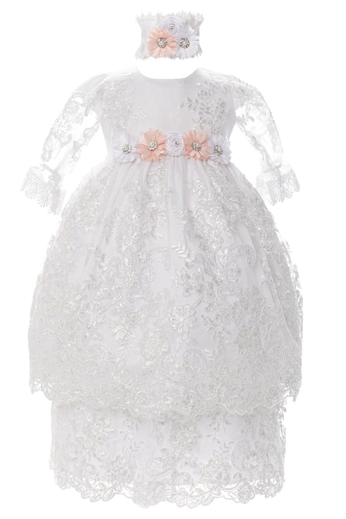 Rain Kids Baby Girls Multi Color 2 Pcs Flower Lace Headband Baptism Dress 3M-3T - SophiasStyle.com