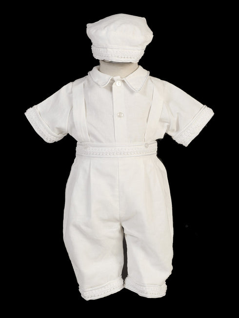 Baby Boys White Suspenders Stole Hat Linen Christening Baptism Outfit 3-24M - SophiasStyle.com