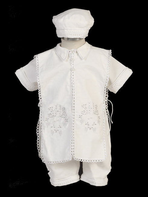 Baby Boys White Suspenders Stole Hat Linen Christening Baptism Outfit 3-24M - SophiasStyle.com