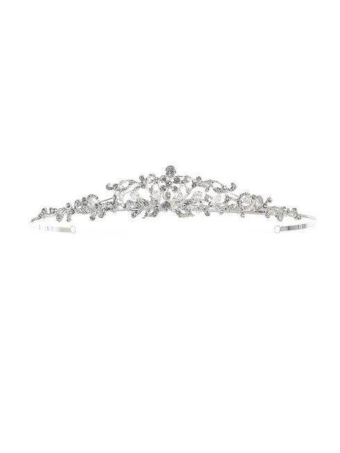 Girls Silver Tone Crystal Adorned Scroll Stylish Flower Girl Pageant Tiara - SophiasStyle.com
