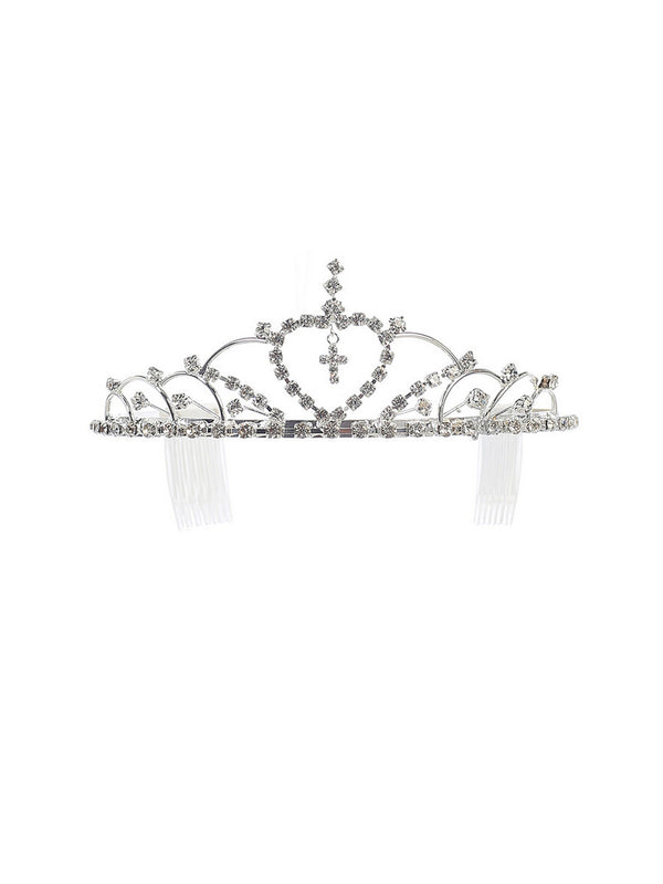 Girls Silver Tone Crystal Adorned Center Cross Accent Flower Girl Pageant Tiara - SophiasStyle.com
