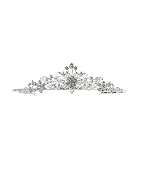 Girls Silver Tone Crystal Adorned Center Floral Accent Flower Girl Pageant Tiara - SophiasStyle.com