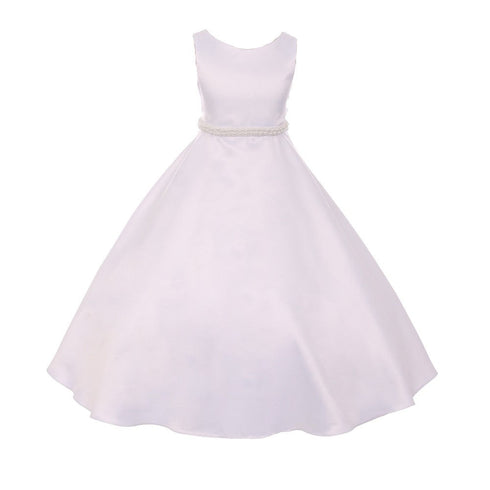 Kids Dream Little Girls White A-Line Satin Pearl Trim Flower Girl Dress 4-6 - SophiasStyle.com