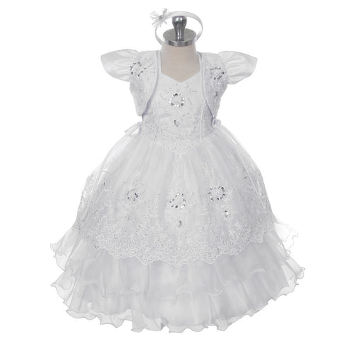Rain Kids Little Girls White Ruffle Organza Headband Bolero Baptism Dress 3-5 - SophiasStyle.com