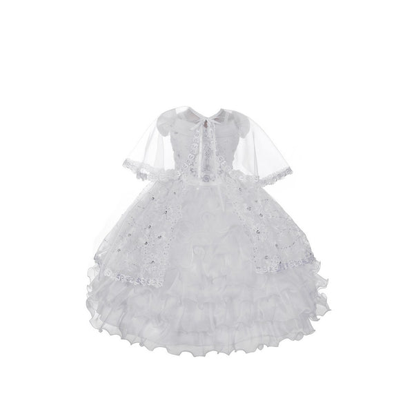 Rain Kids Little Girls White Organza Ruffles Baptism Cape Dress 2T-6 - SophiasStyle.com