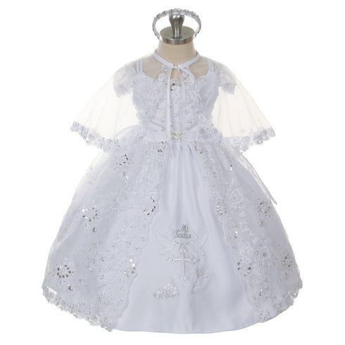 Rain Kids Baby Girls White Embroidered Brooch Headband Cape Baptism Dress 6-24M - SophiasStyle.com