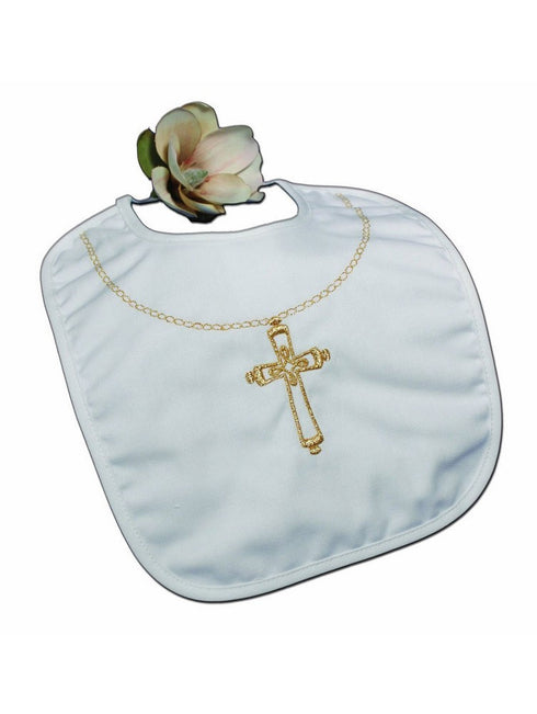 Little Things Mean A Lot White Cotton Gold Embroidered Cross Bib - SophiasStyle.com