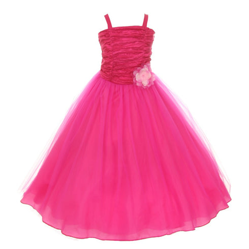 Big Girls Fuchsia Crinkled Bodice Floral Adorned Tulle Flower Girl Dress 8-16 - SophiasStyle.com