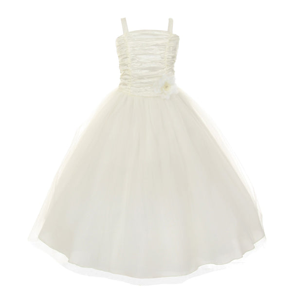 Little Girls Ivory Crinkled Bodice Floral Adorned Tulle Flower Girl Dress 4-6 - SophiasStyle.com