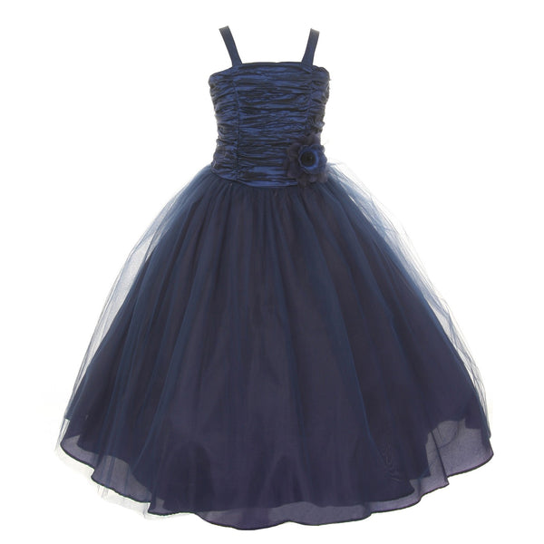 Little Girls Navy Crinkled Bodice Floral Adorned Tulle Flower Girl Dress 4-6 - SophiasStyle.com