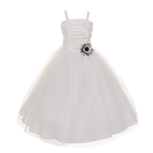 Little Girls White Crinkled Bodice Floral Adorned Tulle Flower Girl Dress 4-6 - SophiasStyle.com
