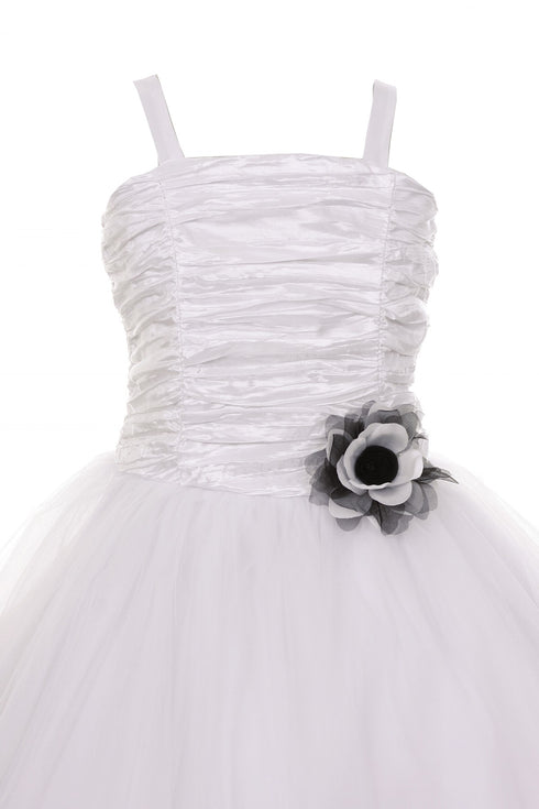 Little Girls White Crinkled Bodice Floral Adorned Tulle Flower Girl Dress 4-6 - SophiasStyle.com