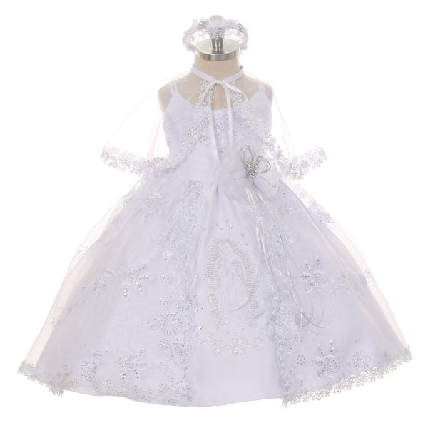 Rain Kids Little Girls White Embroidered Organza Cape Bows Baptism Dress 3-5 - SophiasStyle.com