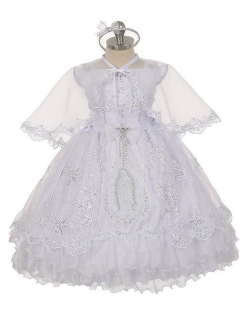 Rain Kids Little Girls White Virgin Mary Ruffles Organza Cape Baptism Dress 2-6 - SophiasStyle.com