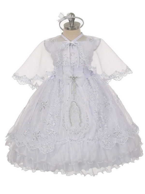 Rain Kids Baby Girls White Virgin Mary Ruffles Organza Cape Baptism Dress 6-12M - SophiasStyle.com