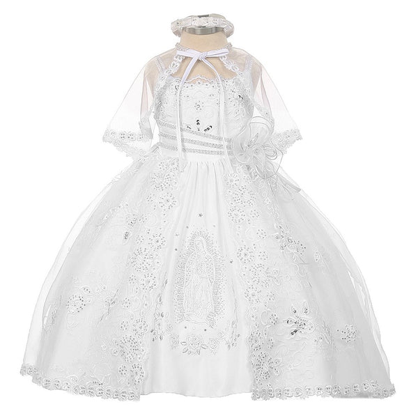 Rainkids Baby Girls White Organza Virgin Mary Embroidery Baptism Dress 6-12M - SophiasStyle.com