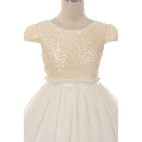 Kids Dream Big Girls Ivory Sequins Tulle Cap Sleeves Junior Bridesmaid Dress 8-12 - SophiasStyle.com