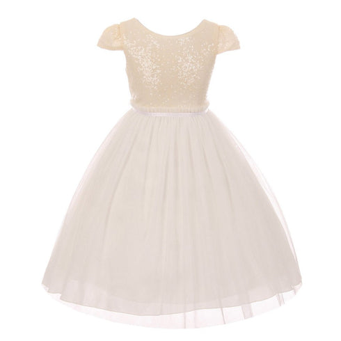 Kids Dream Big Girls Ivory Sequins Tulle Cap Sleeves Junior Bridesmaid Dress 8-12 - SophiasStyle.com