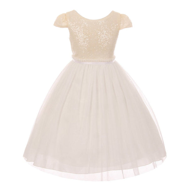 Kids Dream Big Girls Ivory Sequins Tulle Cap Sleeves Junior Bridesmaid Dress 8-12 - SophiasStyle.com