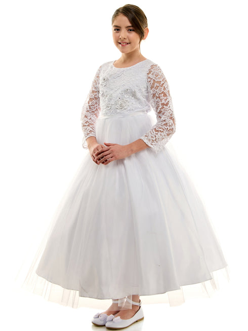 Petite Adele Girls White 3D Floral Applique Tulle First Communion Dress with 3/4 Lace Sleeve, Sizes 6-16 - SophiasStyle.com