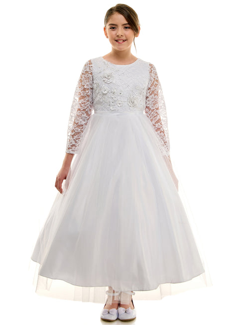 Petite Adele Girls White 3D Floral Applique Tulle First Communion Dress with 3/4 Lace Sleeve, Sizes 6-16 - SophiasStyle.com