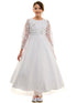 Petite Adele Girls White 3D Floral Applique Tulle First Communion Dress with 3/4 Lace Sleeve, Sizes 6-16 - SophiasStyle.com