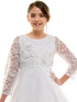 Petite Adele Girls White 3D Floral Applique Tulle First Communion Dress with 3/4 Lace Sleeve, Sizes 6-16 - SophiasStyle.com