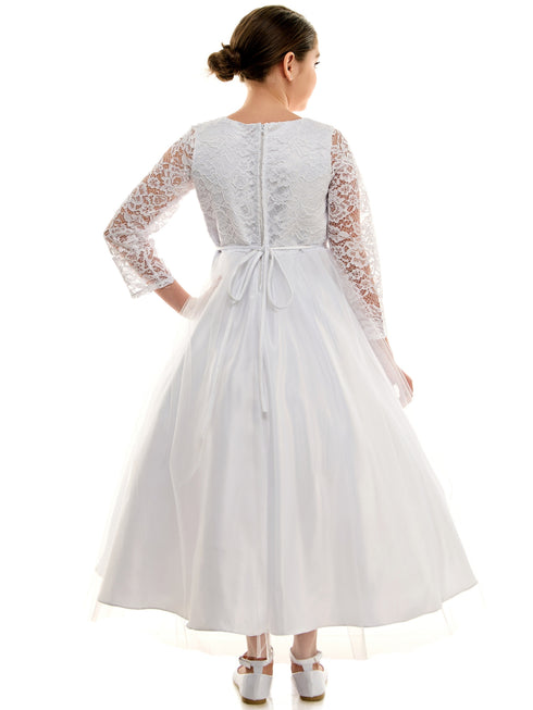Petite Adele Girls White 3D Floral Applique Tulle First Communion Dress with 3/4 Lace Sleeve, Sizes 6-16 - SophiasStyle.com
