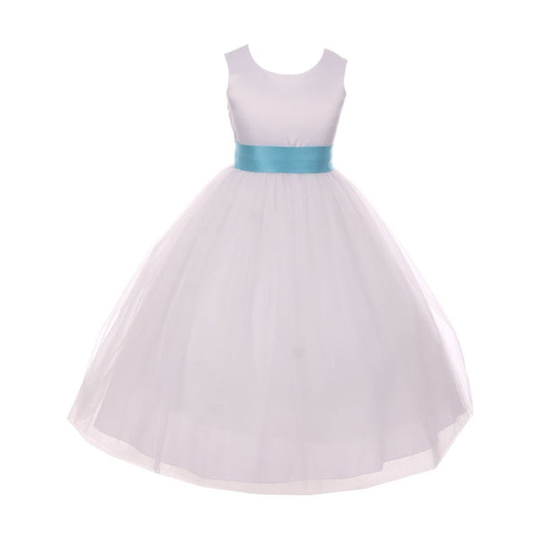 Kids Dream Little Girls White Aqua Tulle Satin Sash Bow Flower Girl Dress 2-6 - SophiasStyle.com