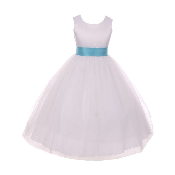 Kids Dream Big Girls White Aqua Satin Sash Bow Junior Bridesmaid Dress 8-14 - SophiasStyle.com