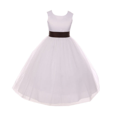 Kids Dream Little Girls White Brown Tulle Satin Sash Bow Flower Girl Dress 2-6 - SophiasStyle.com