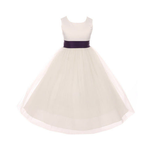 Kids Dream Big Girls Ivory Eggplant Satin Sash Bow Junior Bridesmaid Dress 8-14 - SophiasStyle.com
