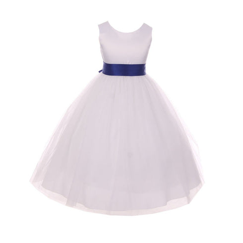 Kids Dream Little Girls White Royal Blue Satin Sash Bow Flower Girl Dress 2-6 - SophiasStyle.com