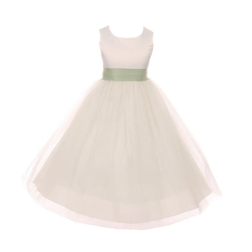 Kids Dream Big Girls Ivory Sage Tulle Satin Sash Junior Bridesmaid Dress 8-14 - SophiasStyle.com