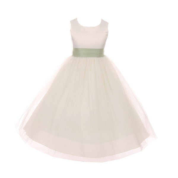 Kids Dream Big Girls Ivory Sage Tulle Satin Sash Junior Bridesmaid Dress 8-14 - SophiasStyle.com