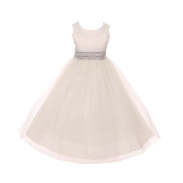 Kids Dream Little Girls Ivory Silver Tulle Satin Sash Bow Flower Girl Dress 2-6 - SophiasStyle.com