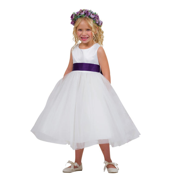 Kids Dream Big Girls Ivory Eggplant Satin Sash Bow Junior Bridesmaid Dress 8-14 - SophiasStyle.com